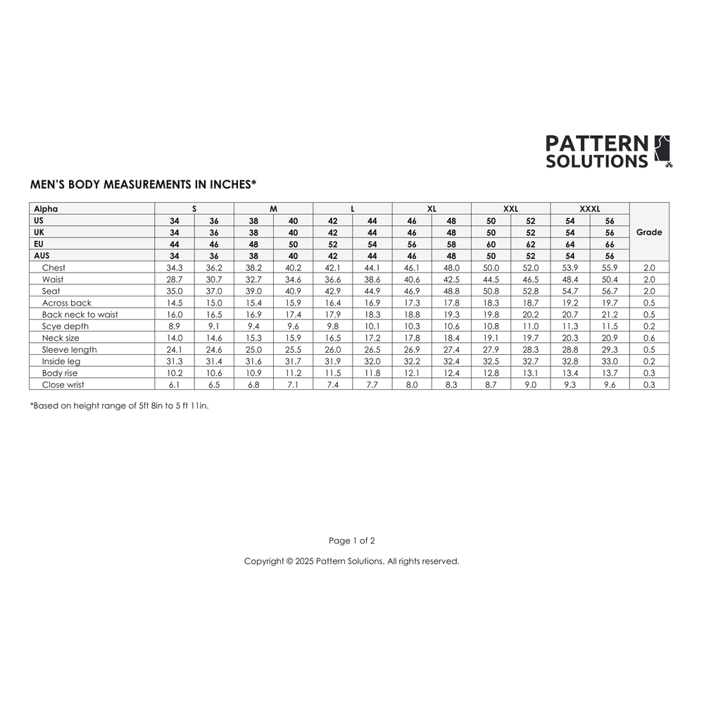 Men's body measurements chart in inches